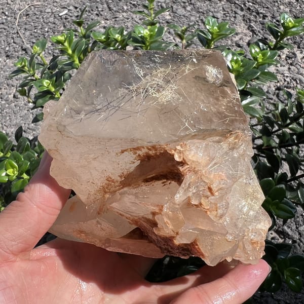 Cavity lined with earthy crust below a rutile-filled clear section