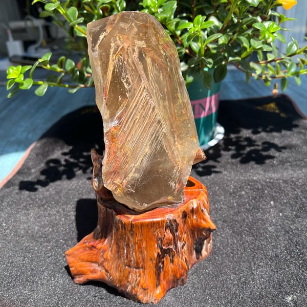Crystal on its stand in sunlight with the fishbone pattern glowing