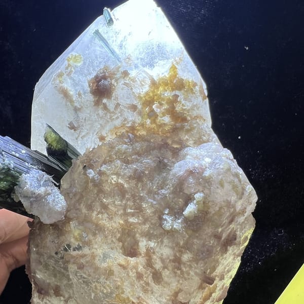 Backlit base with yellow mica and lilac lepidolite flakes