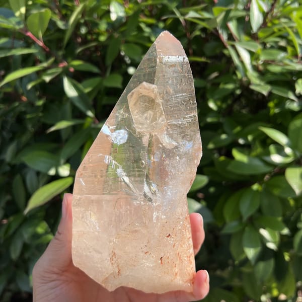 Zambian quartz face with horizontal striations and the scepter crystal near the tip