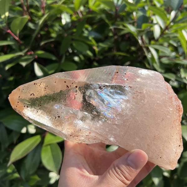 Zambian quartz laid on its side with a rainbow flash inside the crystal