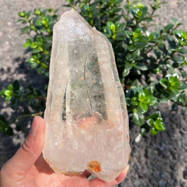 Himalayan quartz from the front showing a clear tip and a fracture line inside