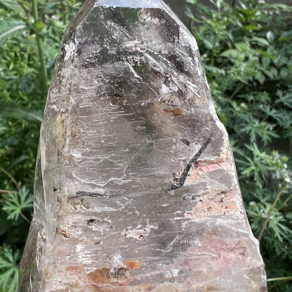 Close-up of the tourmaline crystal and fluid trails inside the quartz