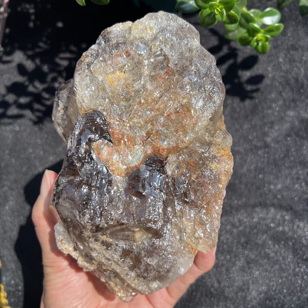 Dark brown smoky section at one end of the skeletal crystal