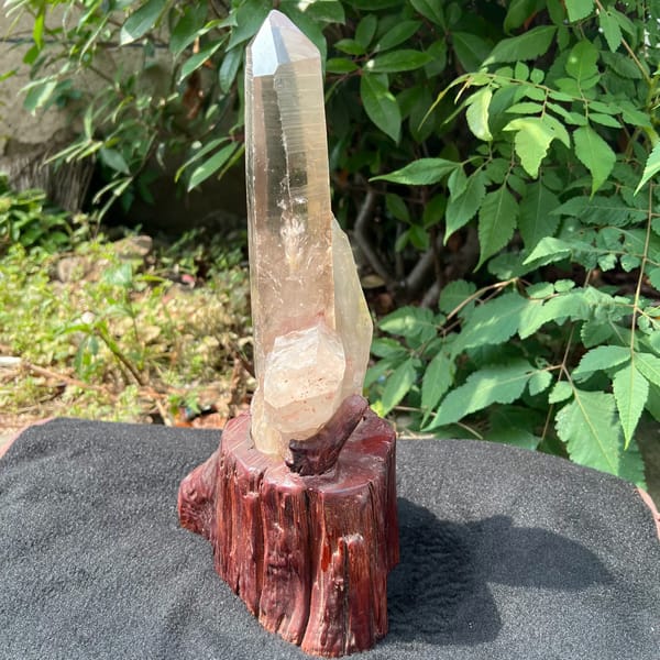 Narrow side of the smoky quartz point on the wooden stand