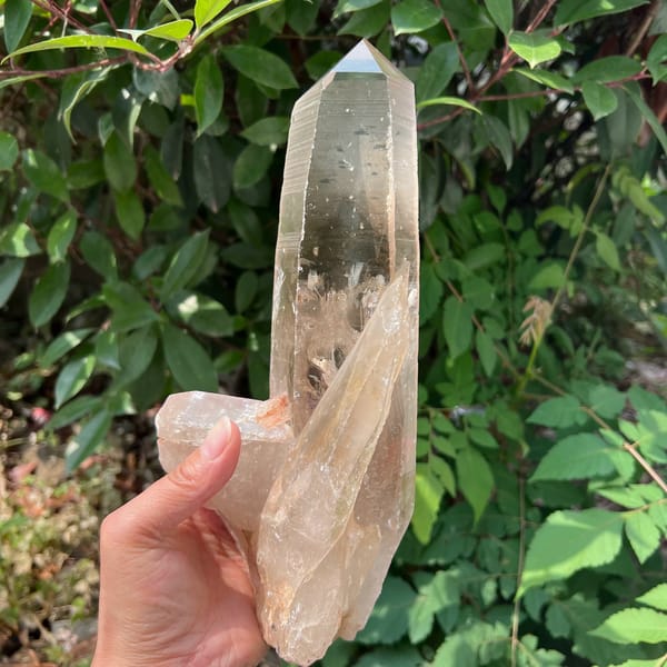 Smoky quartz point held in hand showing its full length and attached crystal