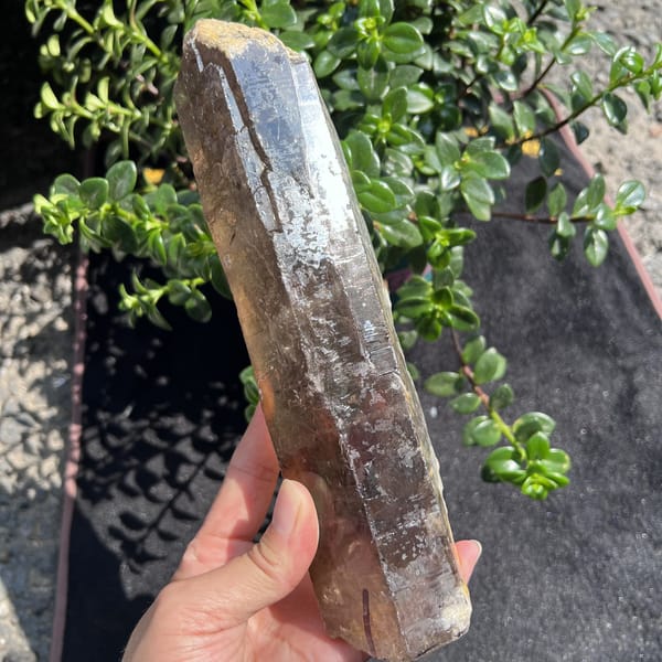 Smoky quartz point held at an angle with white phantom streaks visible