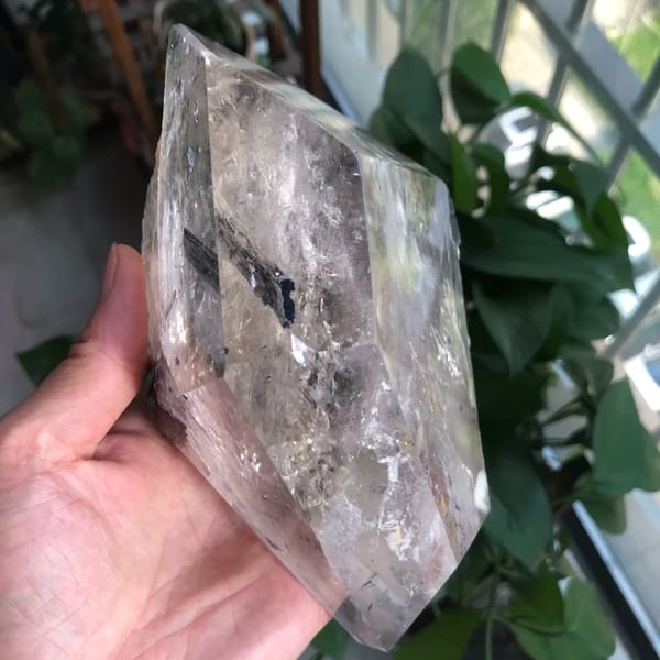 Polished window face showing a dark tourmaline prism inside clear quartz