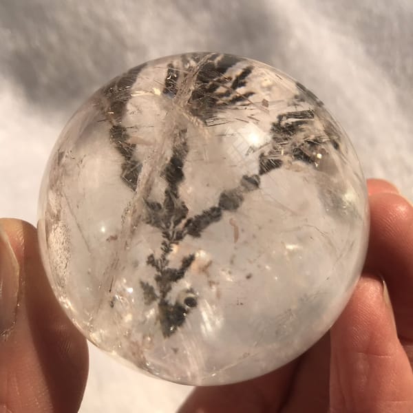 Lower trunk of the tree inclusion and small flecks in the quartz