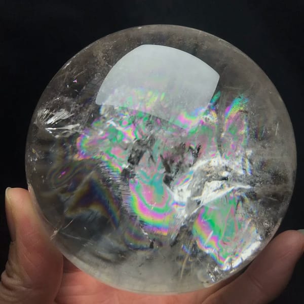 Central rainbow zone and black specks inside the clear sphere
