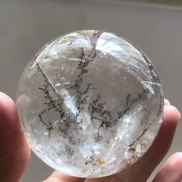 Fern-like dark branches spreading upward through the polished quartz sphere