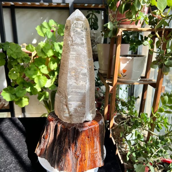 Ridged faces of the long quartz point rising from the carved stand