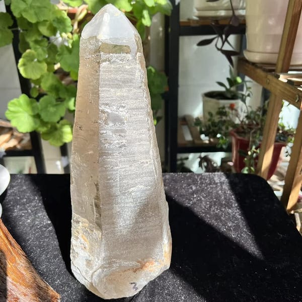 Clear quartz laser point standing alone on black velvet without stand