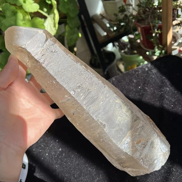 Long quartz crystal held flat in a hand showing ridged striations