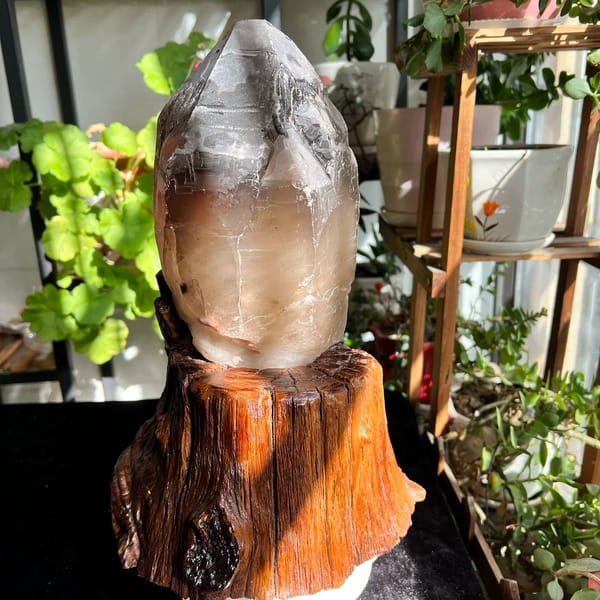 Smoky quartz turned to show the white cloud inclusion rising inside