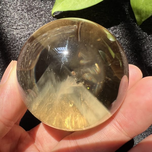 Natural colour citrine with its pyramid inclusion beside a green leaf