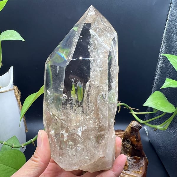 Polished window on the quartz point revealing included crystals inside