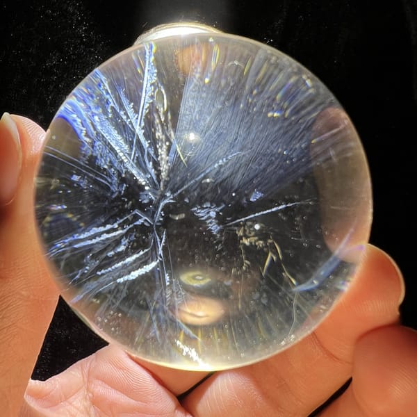 Dense blue needle bundles fanning in several directions across the sphere