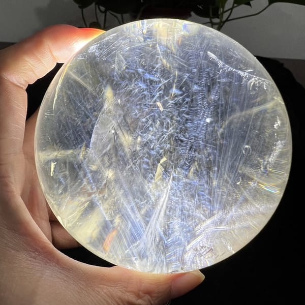 Fine blue feathers fanning across the far side of the large sphere