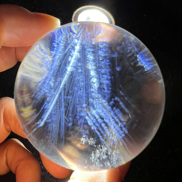 Torch-lit clear sphere crowded with deep blue fern-like needle sprays