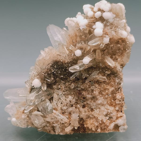 White Hydrozincite Spheres over Quartz — Sichuan