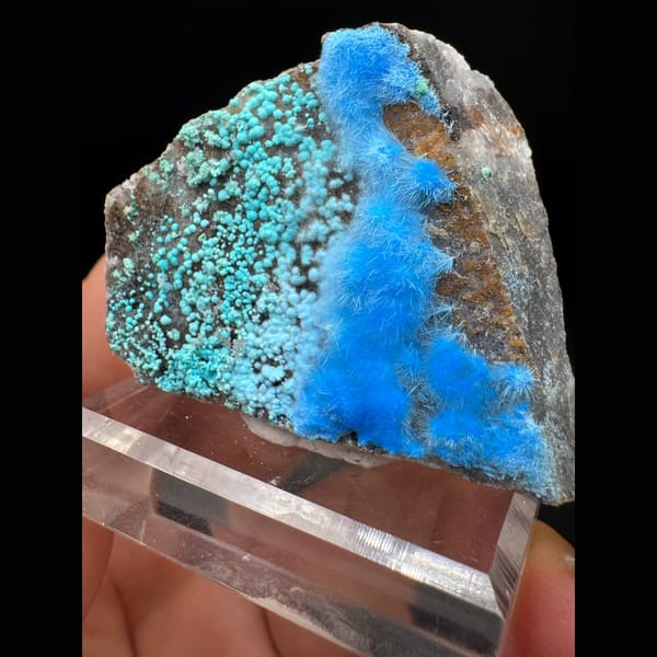 Green botryoidal malachite with sky-blue cyanotrichite from Guizhou — detail view