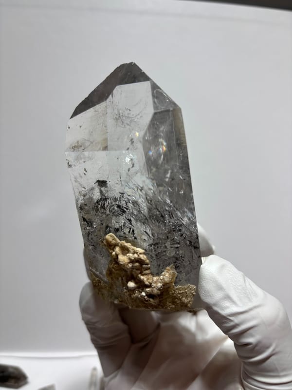 Old-find Jinkouhe quartz with black phantom and calcite from Sichuan, China, top view
