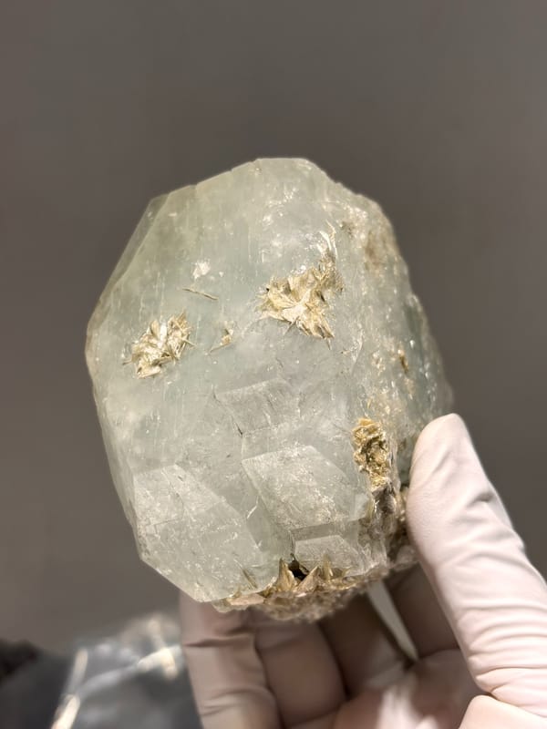 Large single aquamarine crystal with unusual etched pattern from Sichuan, China, close-up of terminations