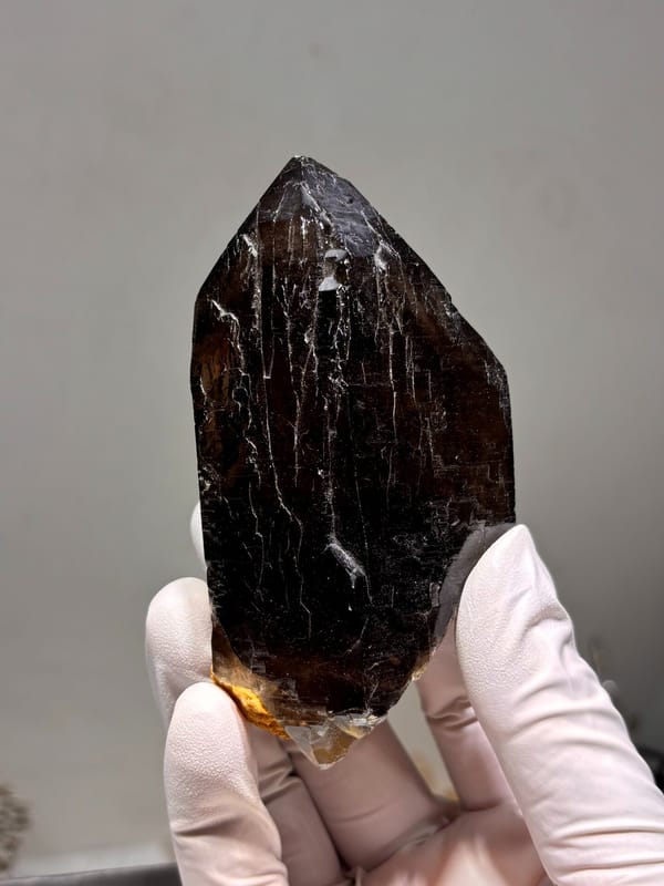 Dark smoky quartz floater from Fujian, China, held in gloved hand