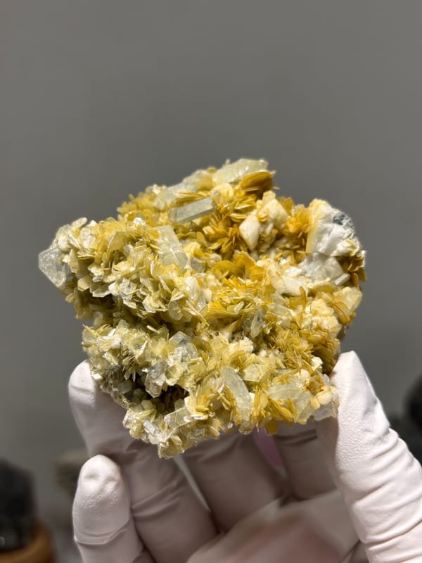 Golden mica rosettes with aquamarine and feldspar from Xuebaoding, Sichuan, China, top view