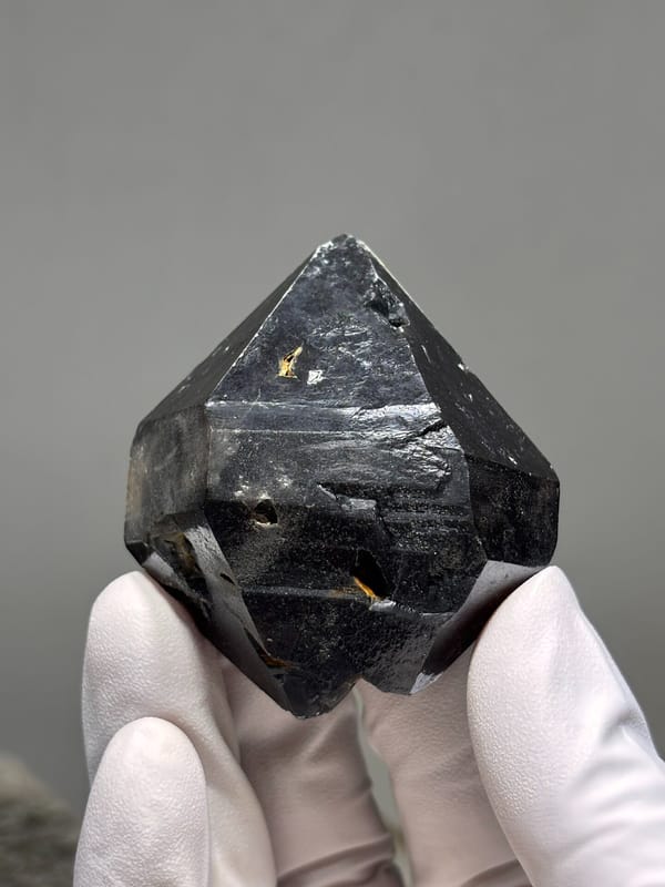 Stout jet-black double-terminated quartz from Guizhou, China, held in gloved hand