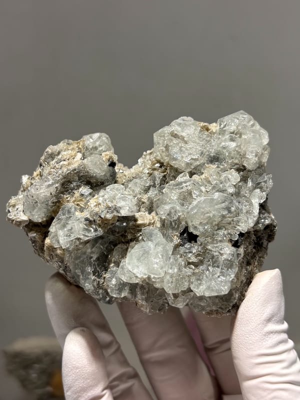 Cluster of pale green aquamarine crystals on dark mica from Xuebaoding, Sichuan, China, held in gloved hand