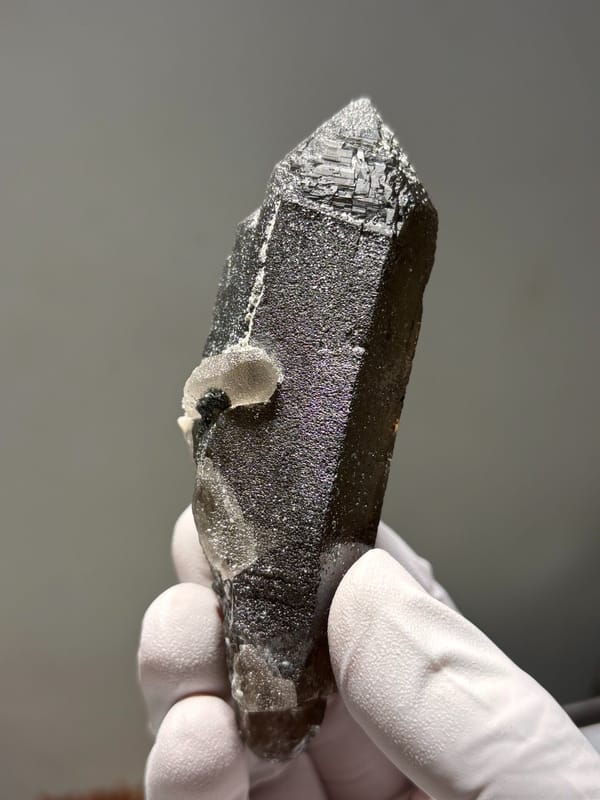 Dark smoky quartz point with complete tip from Fujian, China, close-up of the crystal faces