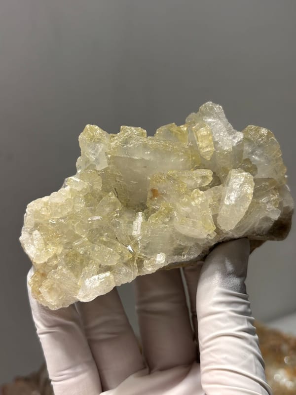 Plate of pale yellow baryte crystals from Jinkouhe, Sichuan, China, held in gloved hand