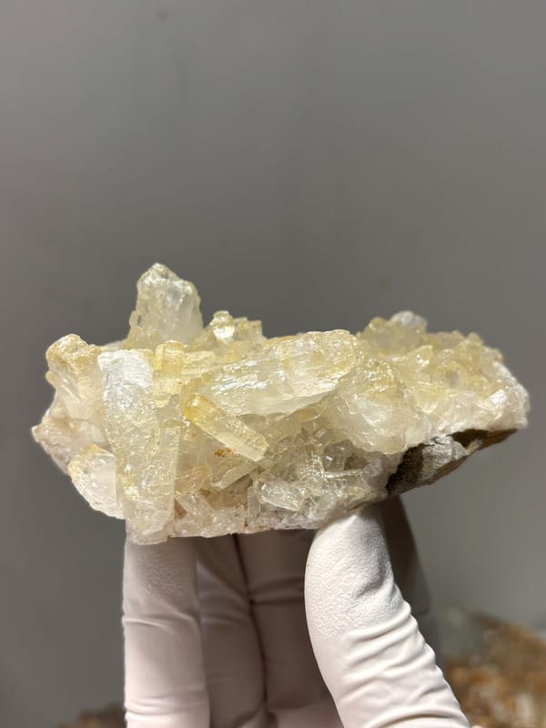 Plate of pale yellow baryte crystals from Jinkouhe, Sichuan, China, second angle