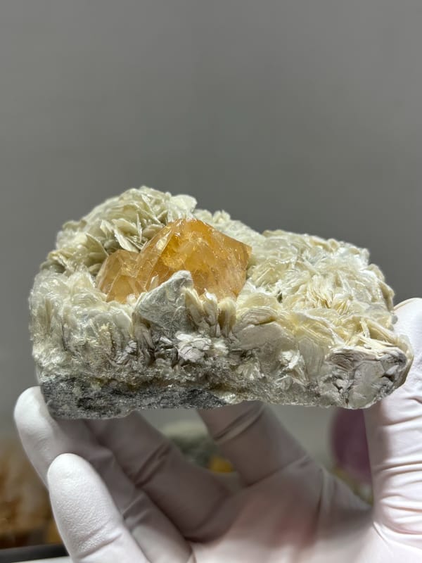 Orange scheelite in bed of tan mica from Xuebaoding, Sichuan, China, close-up of the crystal faces