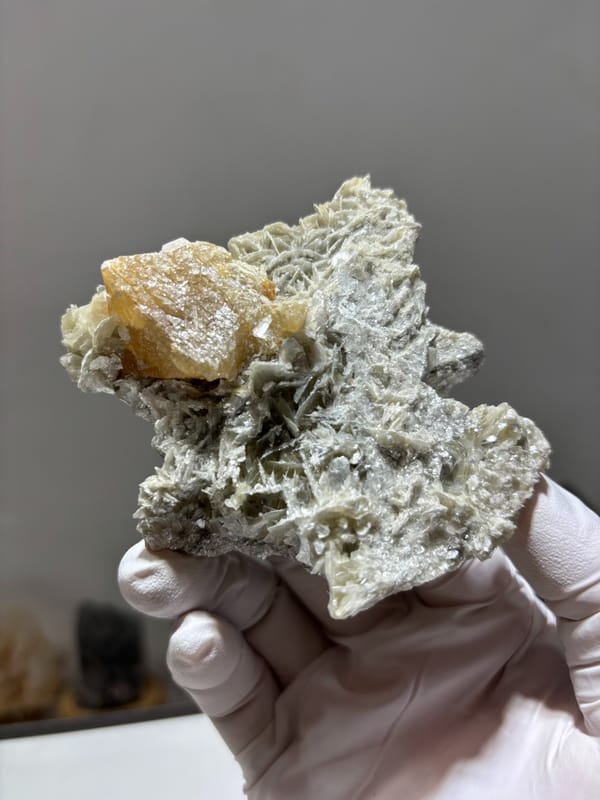 Honey scheelite crystal on grey mica block from Xuebaoding, Sichuan, China, second angle