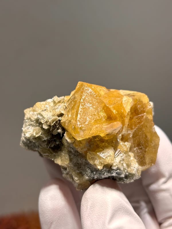 Golden scheelite cluster with mica from Xuebaoding, Sichuan, China, reverse side