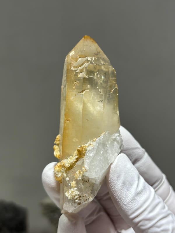 Golden quartz prism with mica base from Xuebaoding, Sichuan, China, held in gloved hand