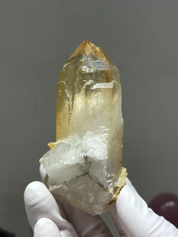 Golden quartz prism with mica base from Xuebaoding, Sichuan, China, second angle