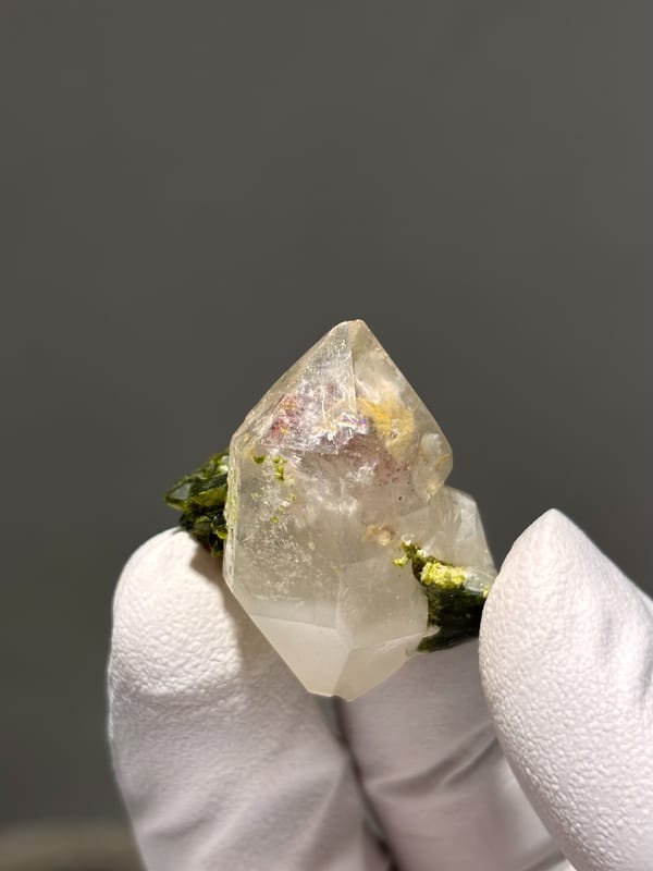 Double-terminated garden quartz with epidote cluster from Sichuan, China, second angle