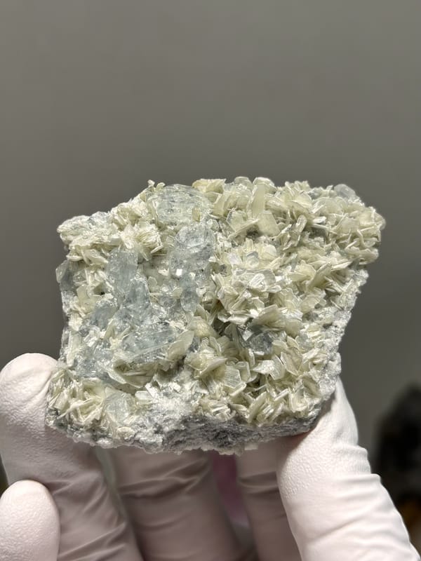 Two-sided pale aquamarine in mica-feldspar plate from Xuebaoding, Sichuan, China, held in gloved hand