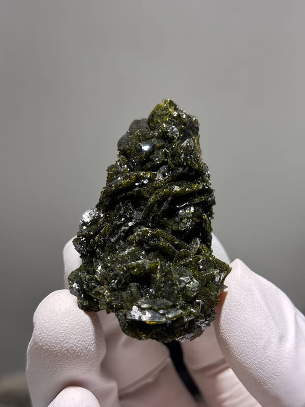 Large-grained epidote floater cluster from Sichuan, China, held in gloved hand
