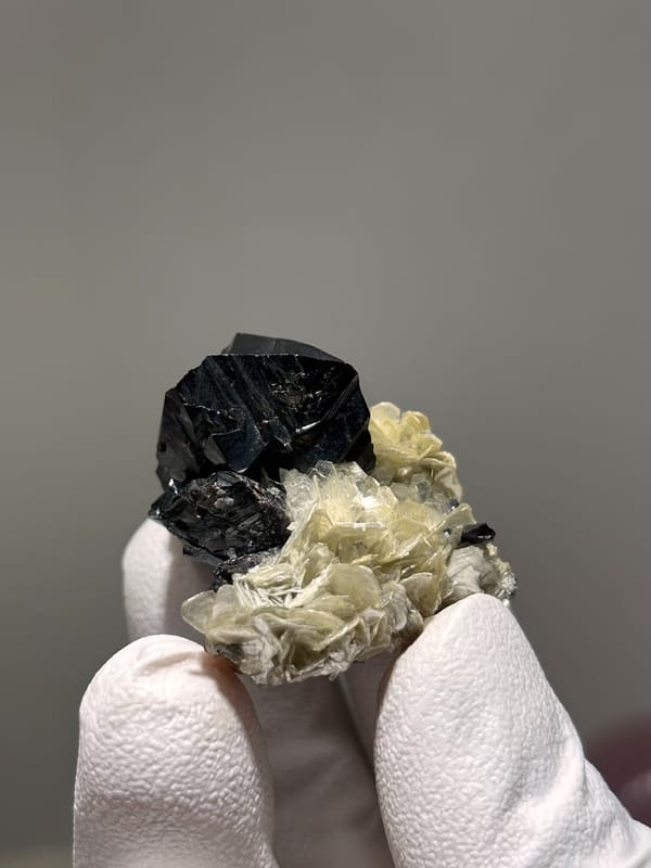 Black cassiterite crystal on pale mica rosettes from Xuebaoding, Sichuan, China, close-up of the crystal faces