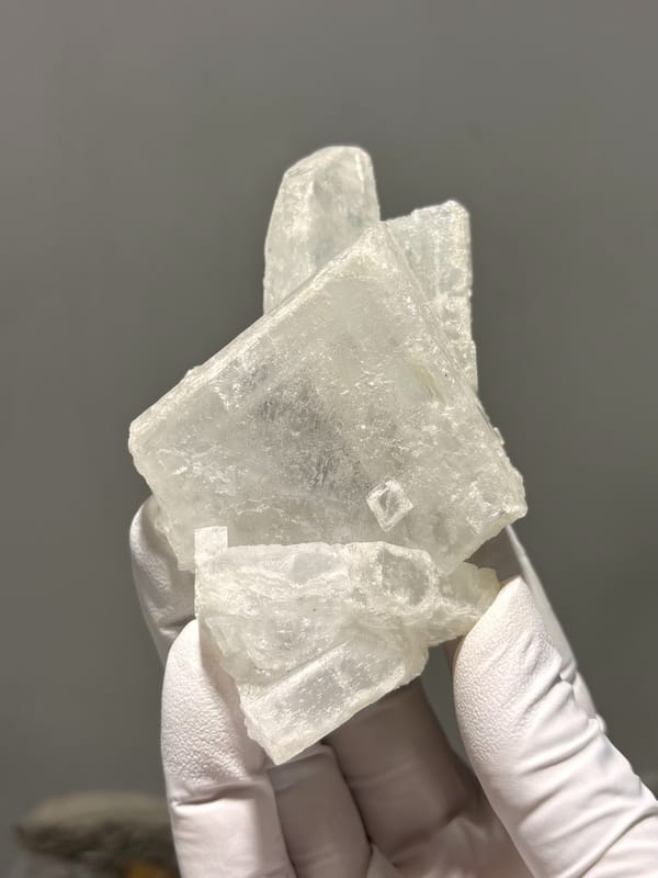 Cluster of clear tabular baryte blades from Jinkouhe, Sichuan, China, held in gloved hand