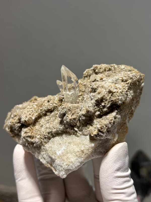 Grey matrix plate with small quartz prism and mica from Xuebaoding, Sichuan, China, held in gloved hand