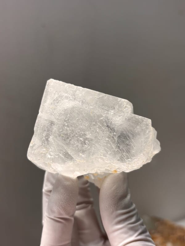 Clear baryte crystal group from Jinkouhe, Sichuan, China, close-up of the crystal faces