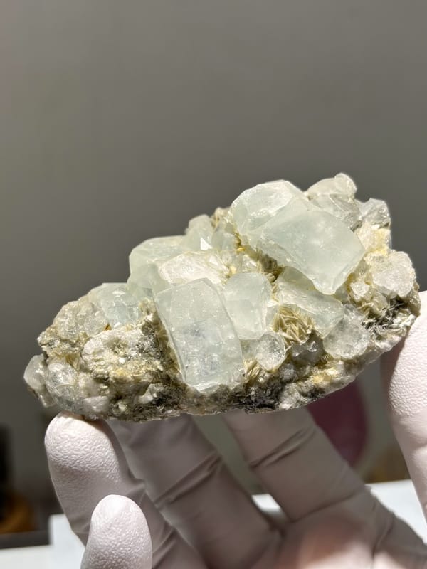 Pale aquamarine prisms lying on grey mica from Xuebaoding, Sichuan, China, held in gloved hand