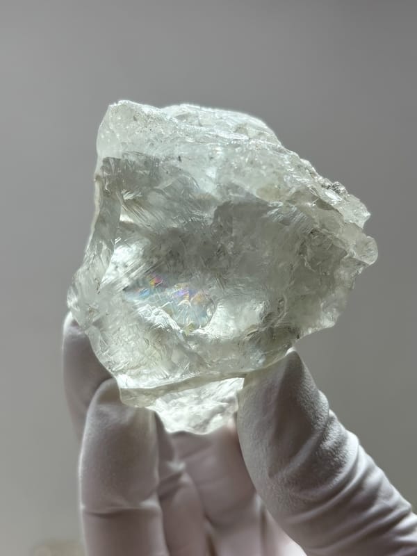 Colourless fluorite octahedron from Xuebaoding, Sichuan, China, top view
