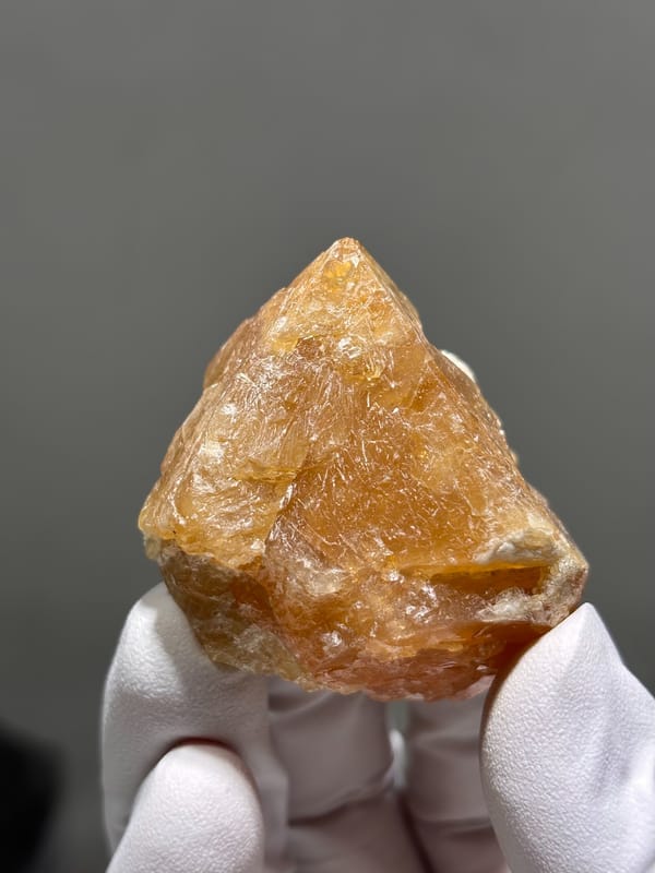 Large honey-orange scheelite crystal from Xuebaoding, Sichuan, China, held in gloved hand